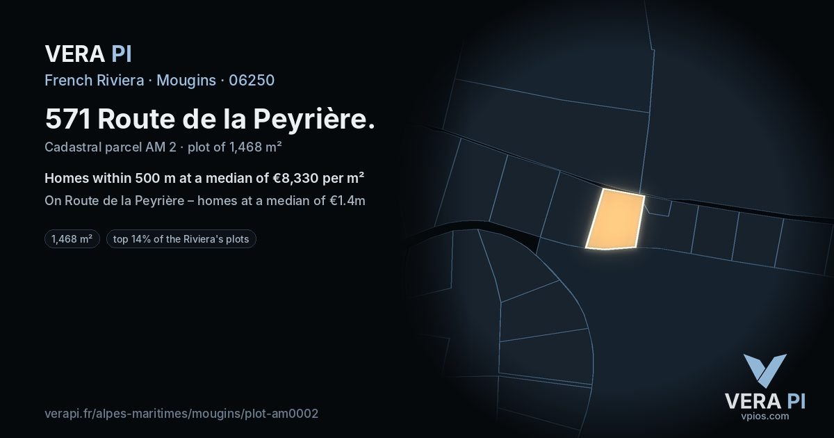 571 Route de la Peyrière, Mougins at night – the plot lit, the parcels around coloured by the prices near them