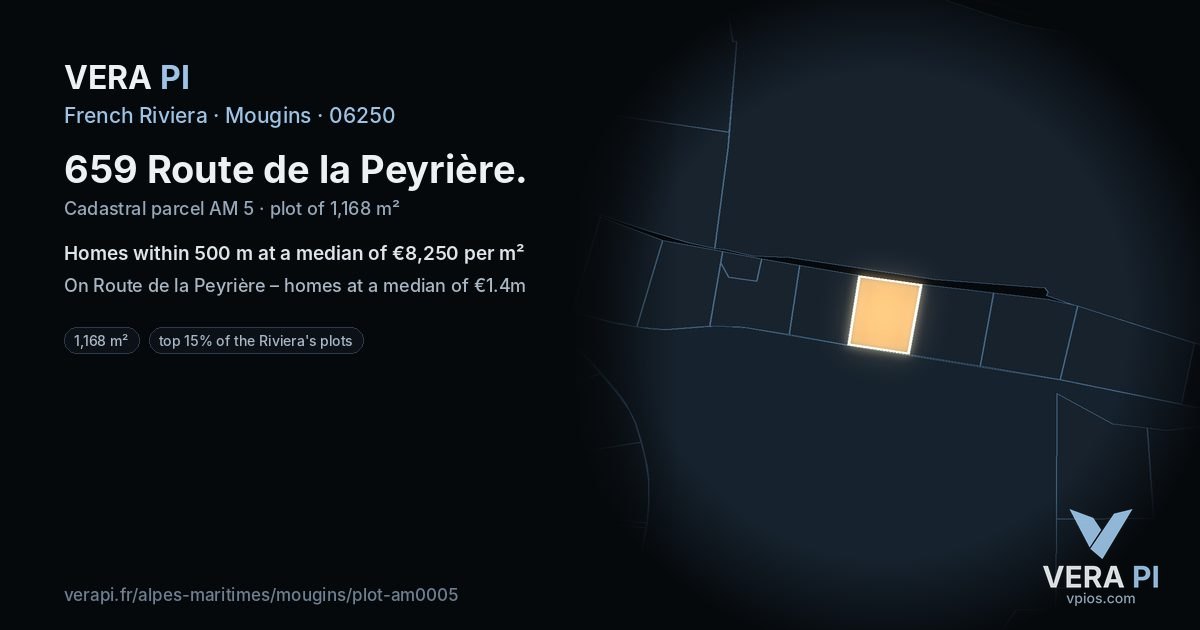 659 Route de la Peyrière, Mougins at night – the plot lit, the parcels around coloured by the prices near them