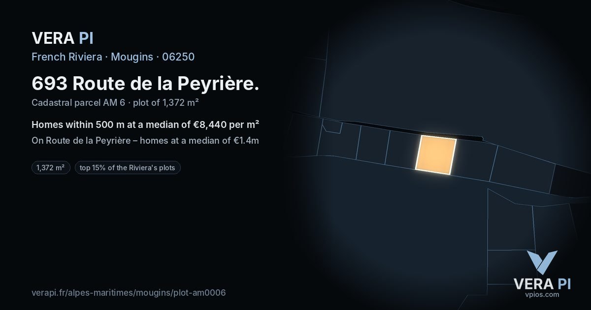 693 Route de la Peyrière, Mougins at night – the plot lit, the parcels around coloured by the prices near them