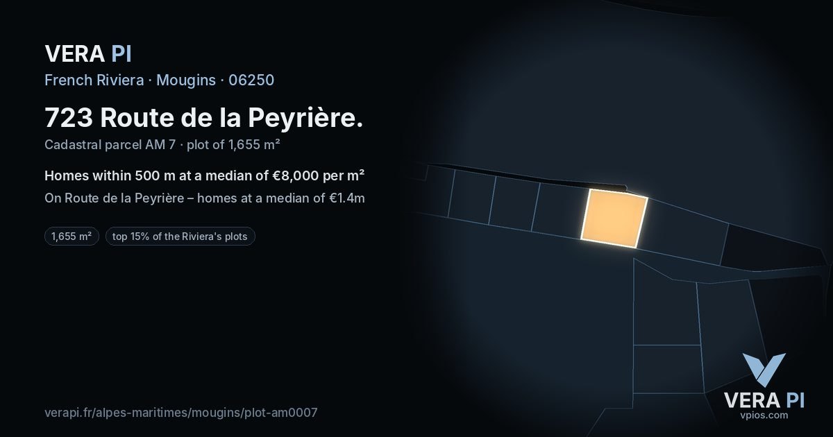 723 Route de la Peyrière, Mougins at night – the plot lit, the parcels around coloured by the prices near them