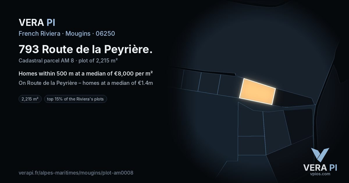 793 Route de la Peyrière, Mougins at night – the plot lit, the parcels around coloured by the prices near them