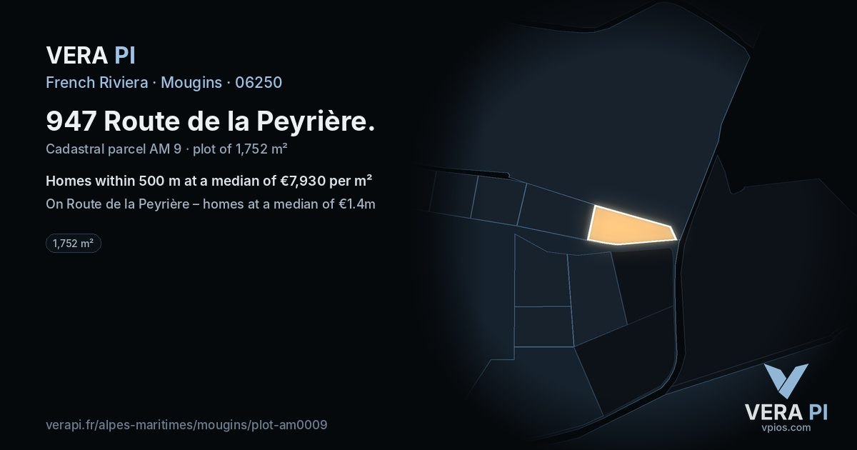 947 Route de la Peyrière, Mougins at night – the plot lit, the parcels around coloured by the prices near them