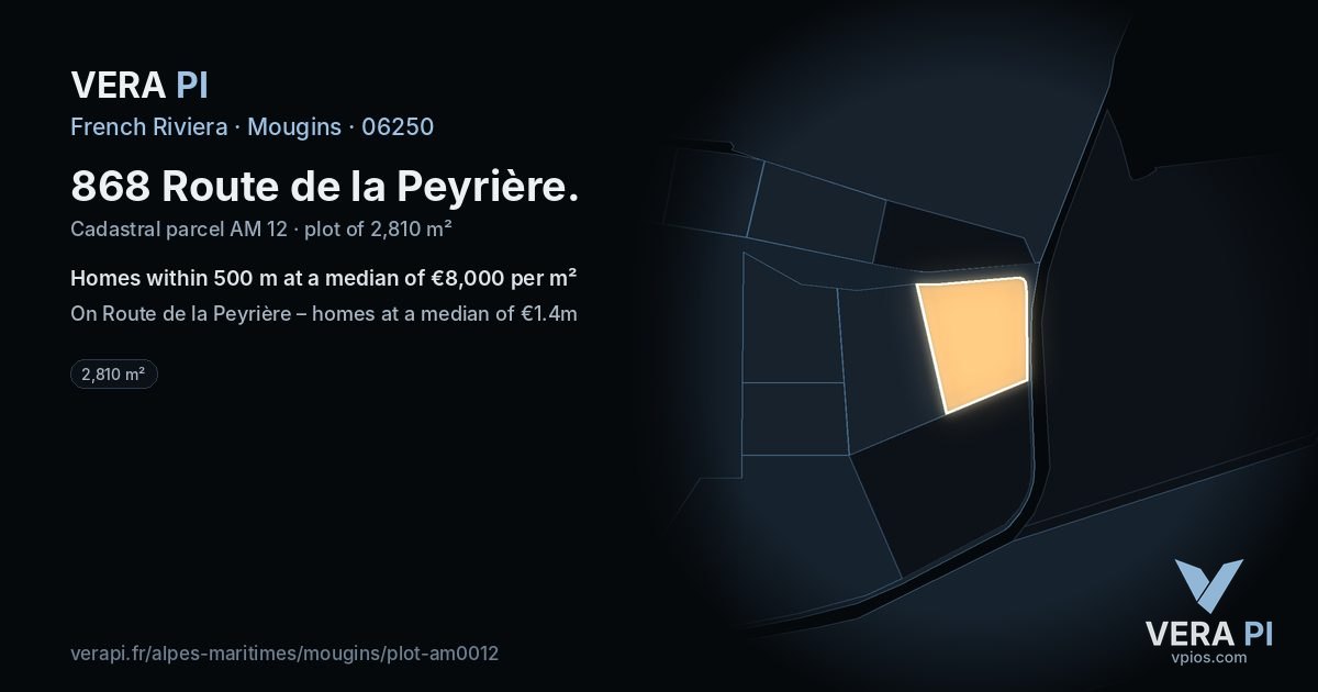 868 Route de la Peyrière, Mougins at night – the plot lit, the parcels around coloured by the prices near them