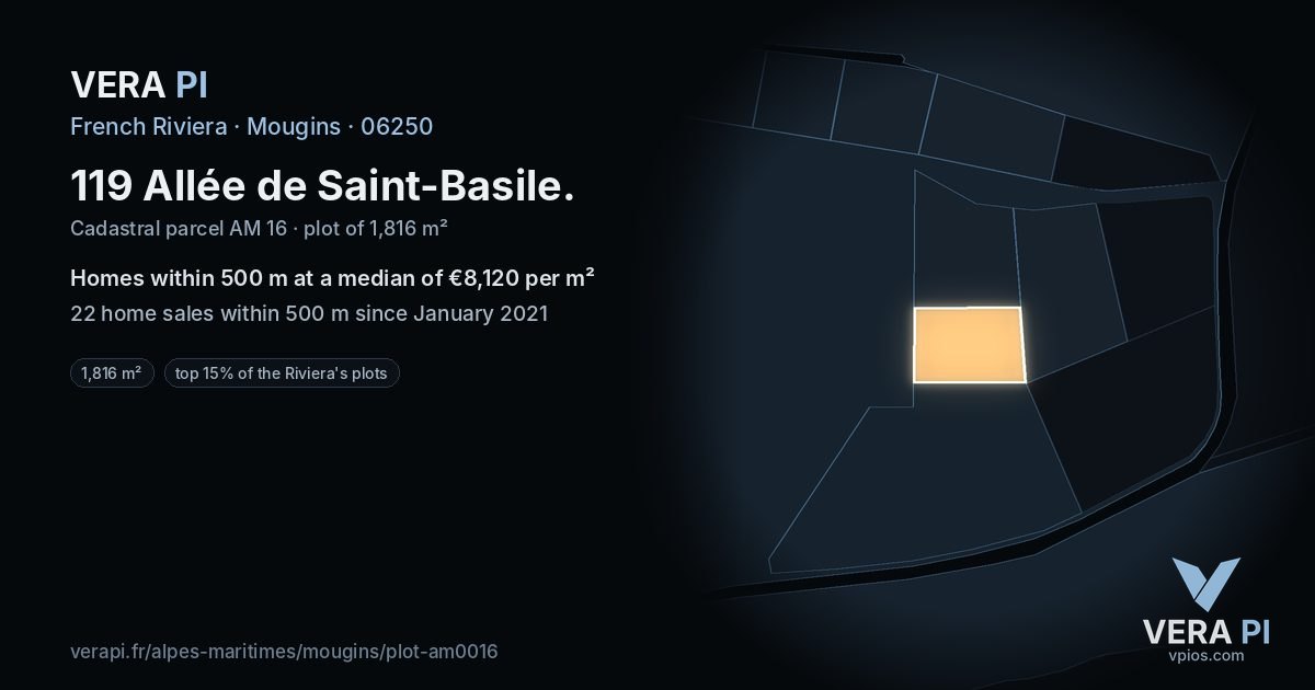 119 Allée de Saint-Basile, Mougins at night – the plot lit, the parcels around coloured by the prices near them