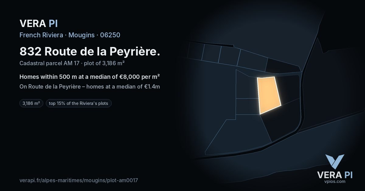 832 Route de la Peyrière, Mougins at night – the plot lit, the parcels around coloured by the prices near them