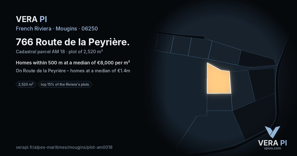 766 Route de la Peyrière, Mougins at night – the plot lit, the parcels around coloured by the prices near them
