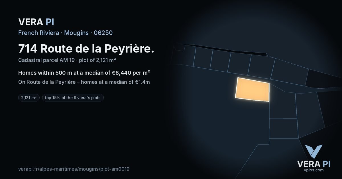 714 Route de la Peyrière, Mougins at night – the plot lit, the parcels around coloured by the prices near them