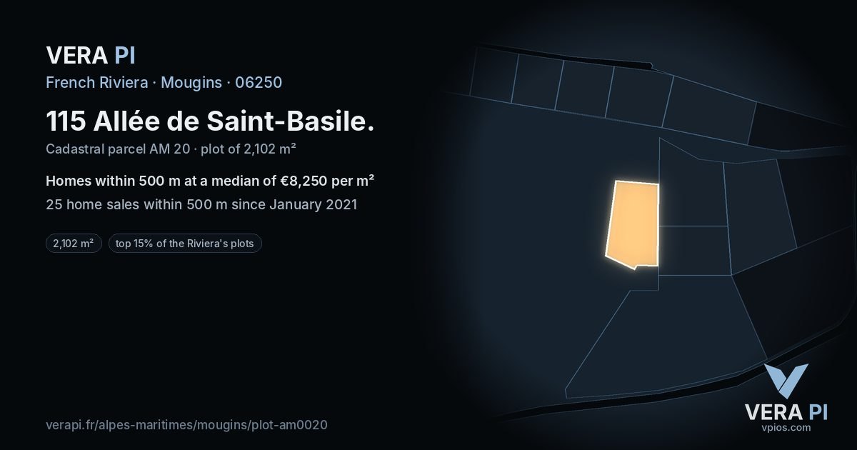 115 Allée de Saint-Basile, Mougins at night – the plot lit, the parcels around coloured by the prices near them