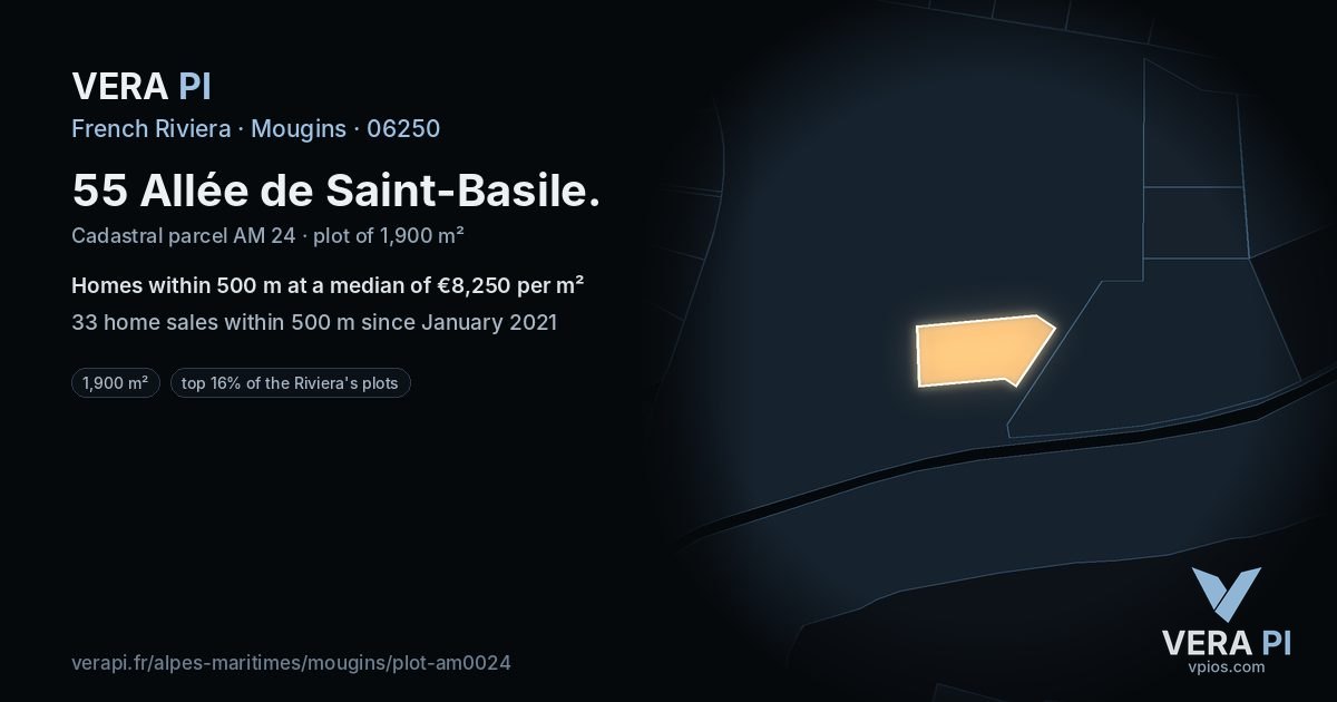 55 Allée de Saint-Basile, Mougins at night – the plot lit, the parcels around coloured by the prices near them
