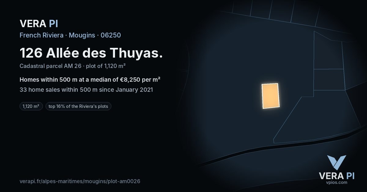 126 Allée des Thuyas, Mougins at night – the plot lit, the parcels around coloured by the prices near them