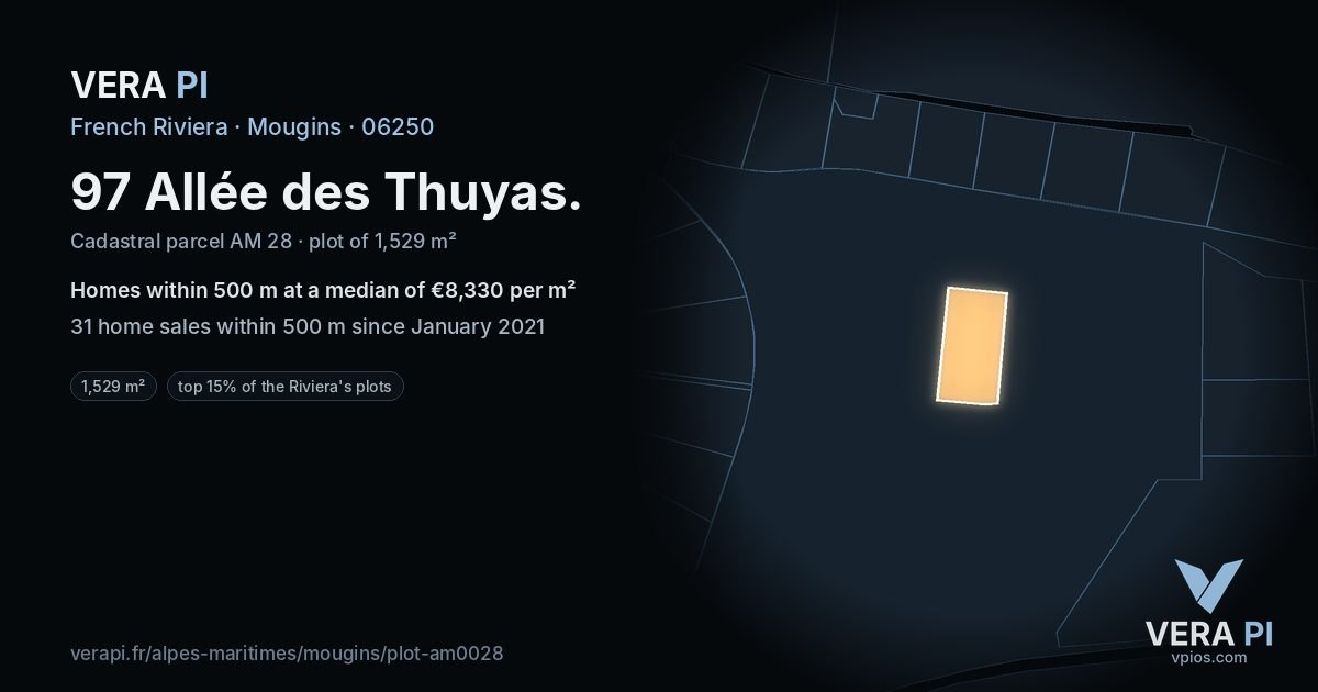 97 Allée des Thuyas, Mougins at night – the plot lit, the parcels around coloured by the prices near them