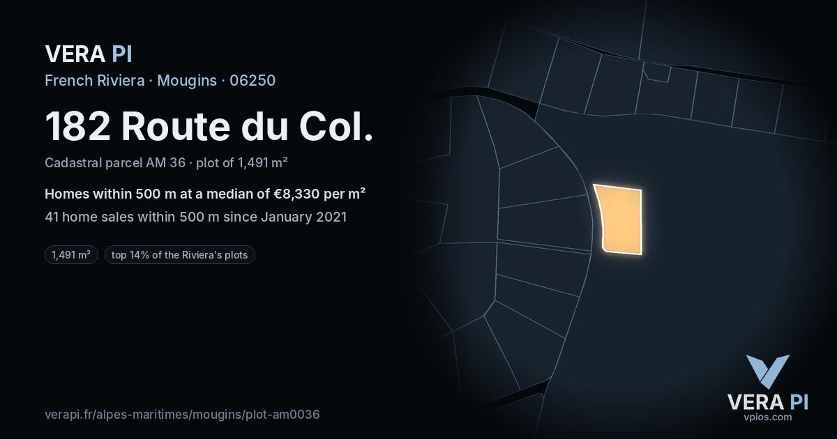 182 Route du Col, Mougins at night – the plot lit, the parcels around coloured by the prices near them