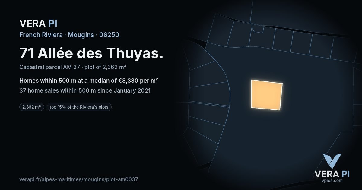 71 Allée des Thuyas, Mougins at night – the plot lit, the parcels around coloured by the prices near them