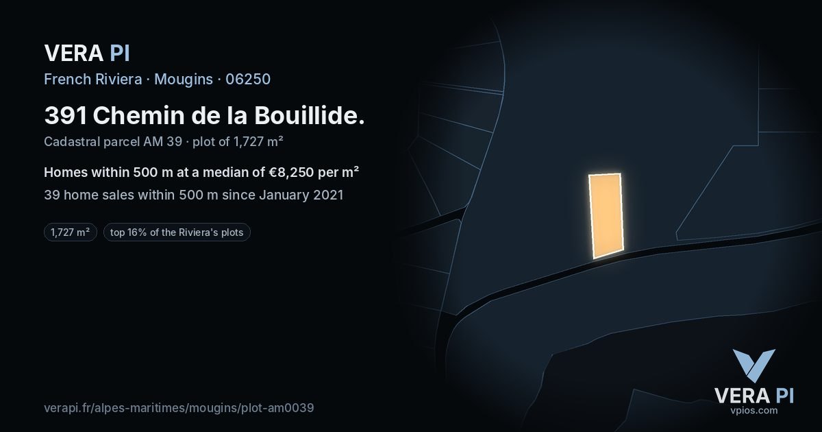 391 Chemin de la Bouillide, Mougins at night – the plot lit, the parcels around coloured by the prices near them