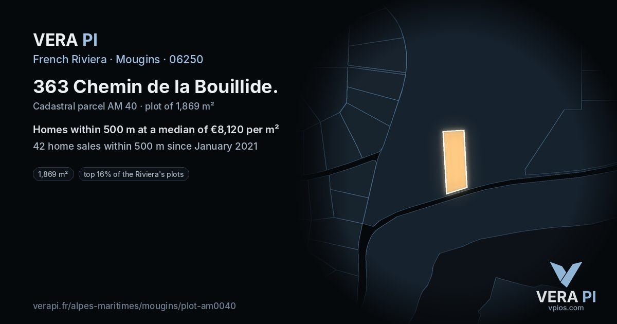 363 Chemin de la Bouillide, Mougins at night – the plot lit, the parcels around coloured by the prices near them