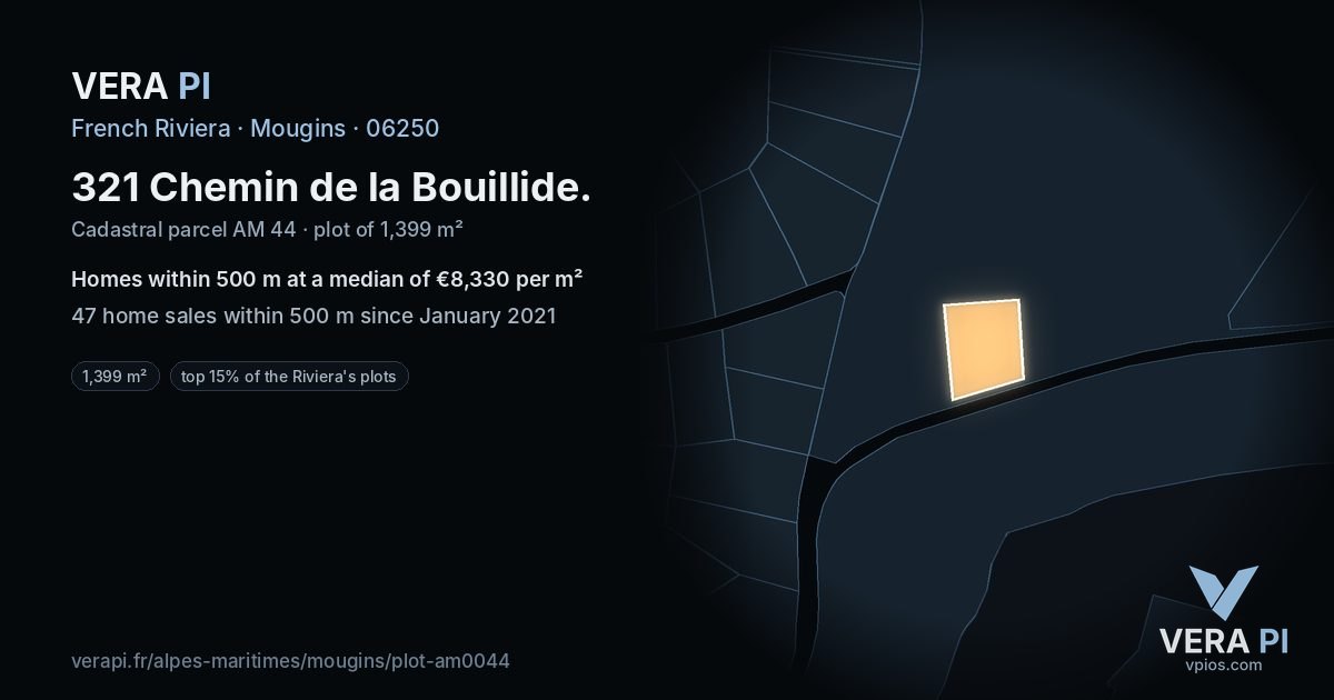 321 Chemin de la Bouillide, Mougins at night – the plot lit, the parcels around coloured by the prices near them