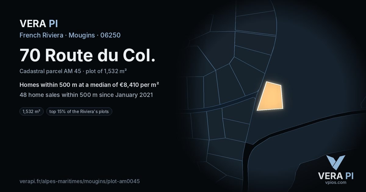 70 Route du Col, Mougins at night – the plot lit, the parcels around coloured by the prices near them