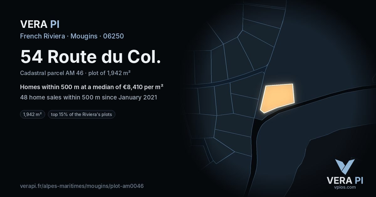 54 Route du Col, Mougins at night – the plot lit, the parcels around coloured by the prices near them
