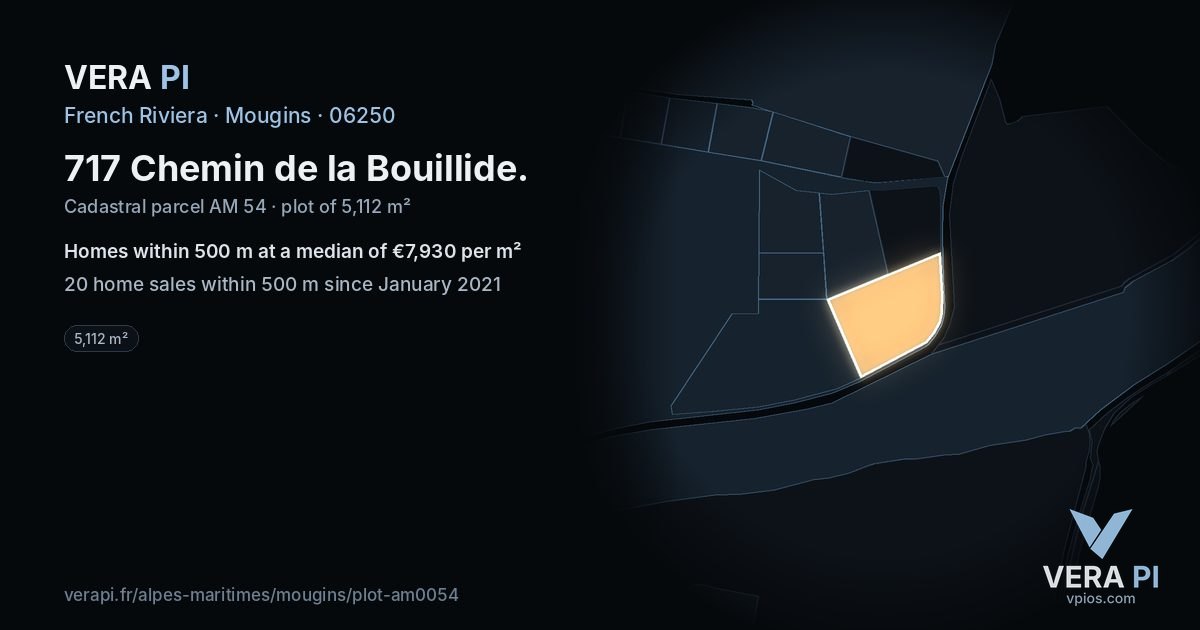 717 Chemin de la Bouillide, Mougins at night – the plot lit, the parcels around coloured by the prices near them