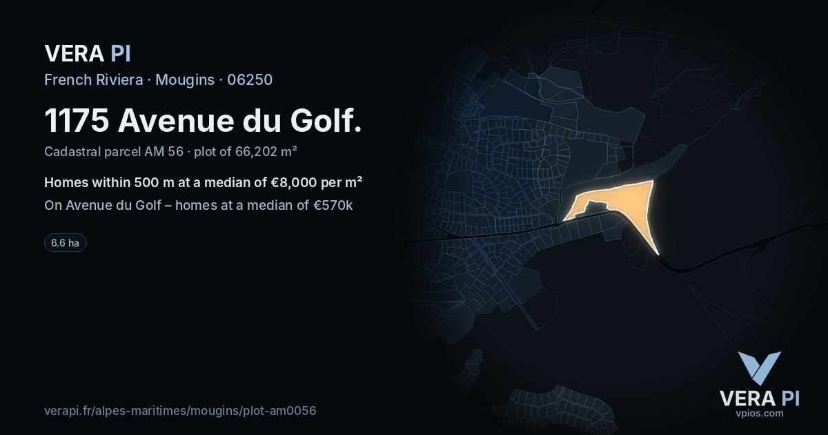 1175 Avenue du Golf, Mougins at night – the plot lit, the parcels around coloured by the prices near them