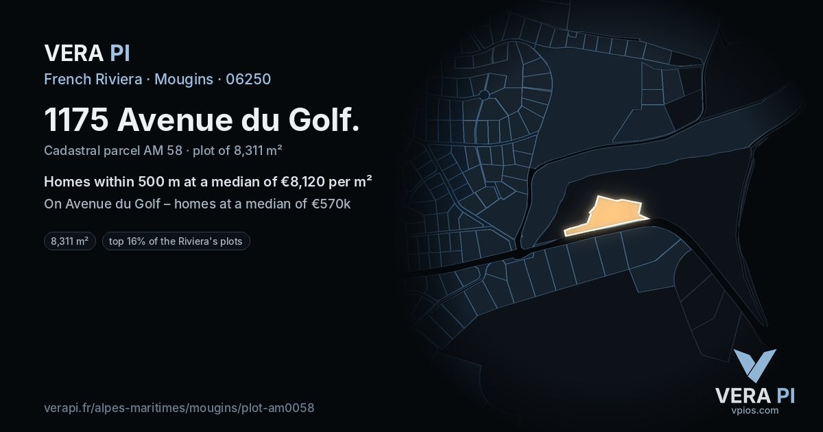 1175 Avenue du Golf, Mougins at night – the plot lit, the parcels around coloured by the prices near them