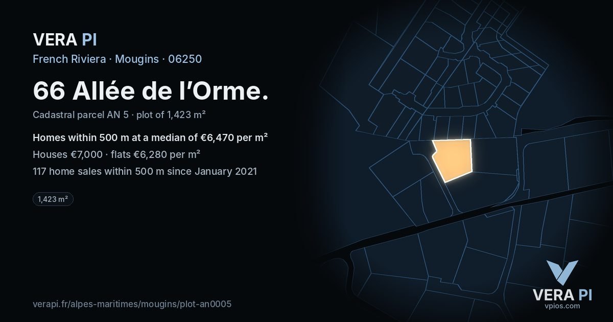 66 Allée de l’Orme, Mougins at night – the plot lit, the parcels around coloured by the prices near them