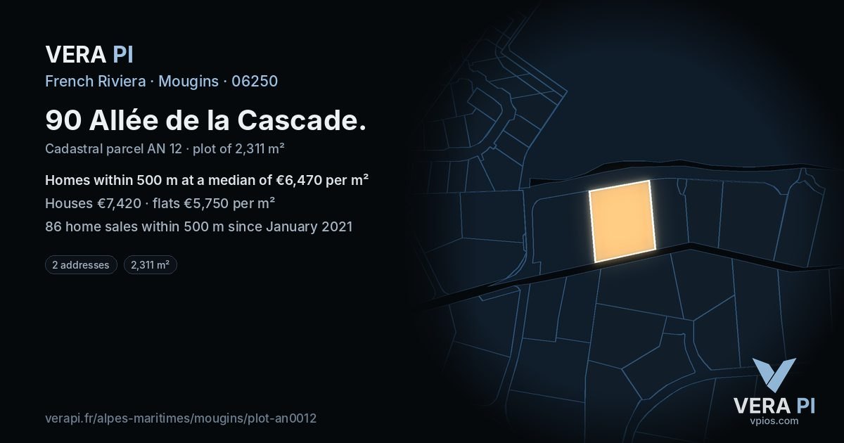 90 Allée de la Cascade, Mougins at night – the plot lit, the parcels around coloured by the prices near them