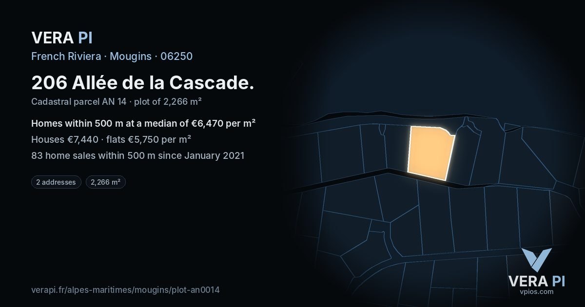 206 Allée de la Cascade, Mougins at night – the plot lit, the parcels around coloured by the prices near them