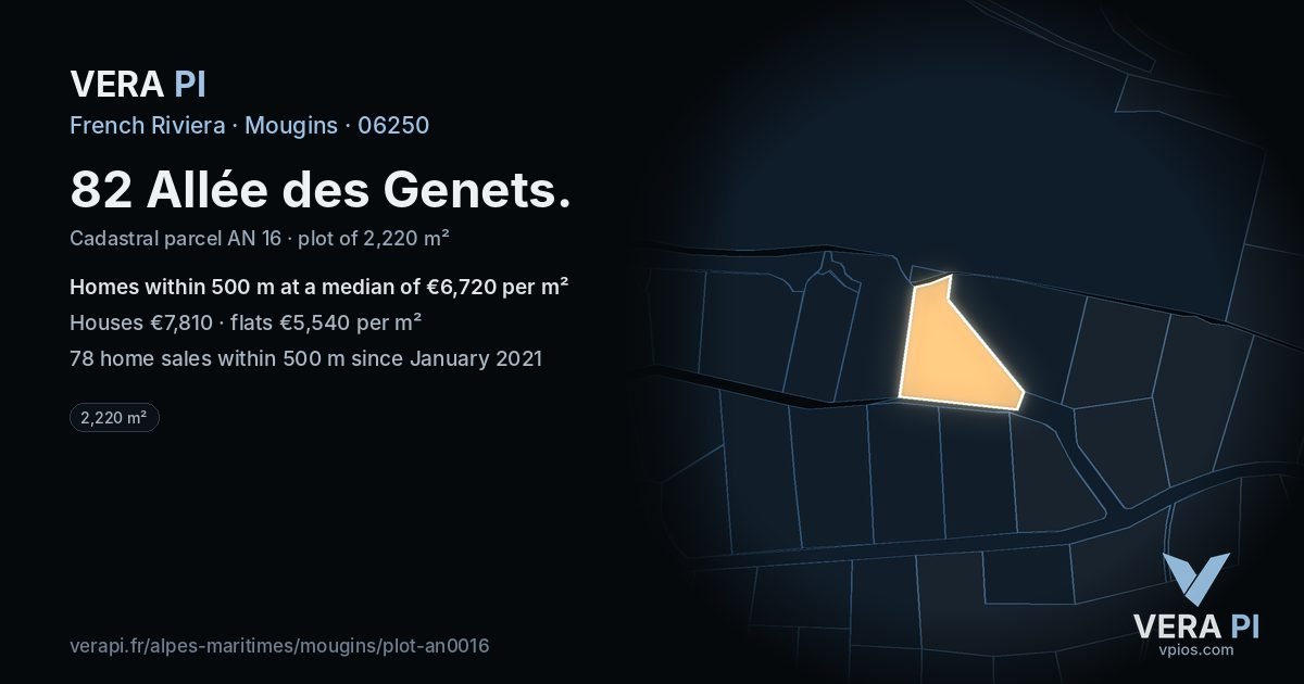 82 Allée des Genets, Mougins at night – the plot lit, the parcels around coloured by the prices near them