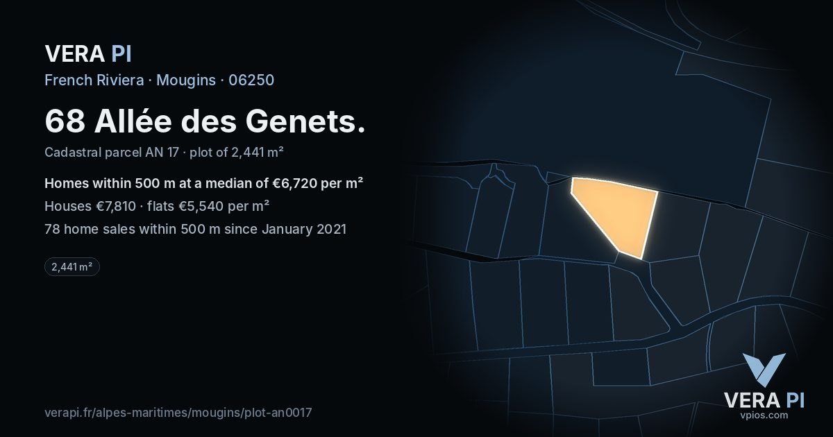 68 Allée des Genets, Mougins at night – the plot lit, the parcels around coloured by the prices near them