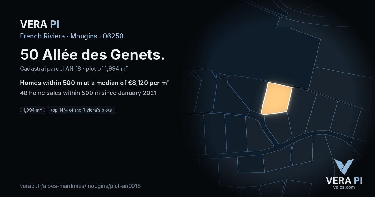 50 Allée des Genets, Mougins at night – the plot lit, the parcels around coloured by the prices near them