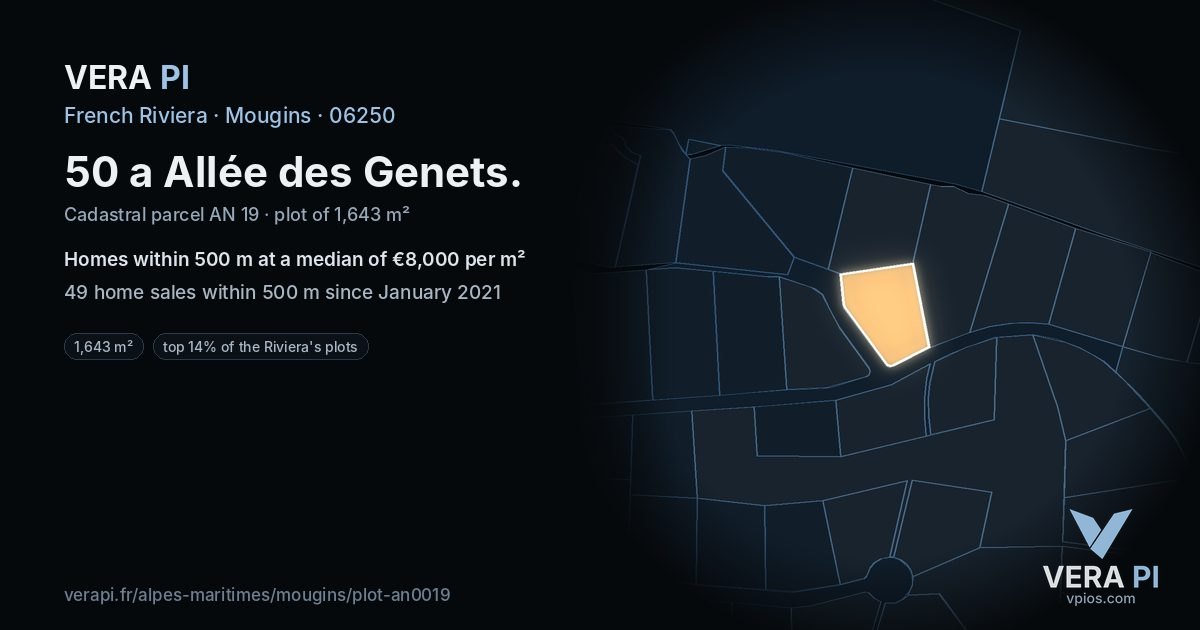50 a Allée des Genets, Mougins at night – the plot lit, the parcels around coloured by the prices near them