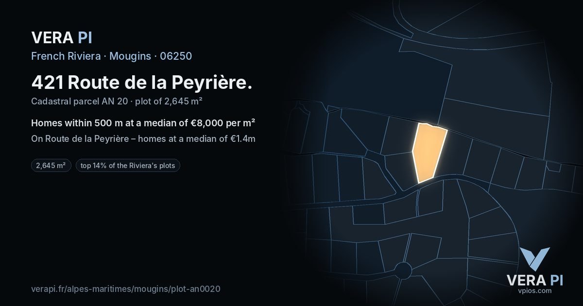 421 Route de la Peyrière, Mougins at night – the plot lit, the parcels around coloured by the prices near them