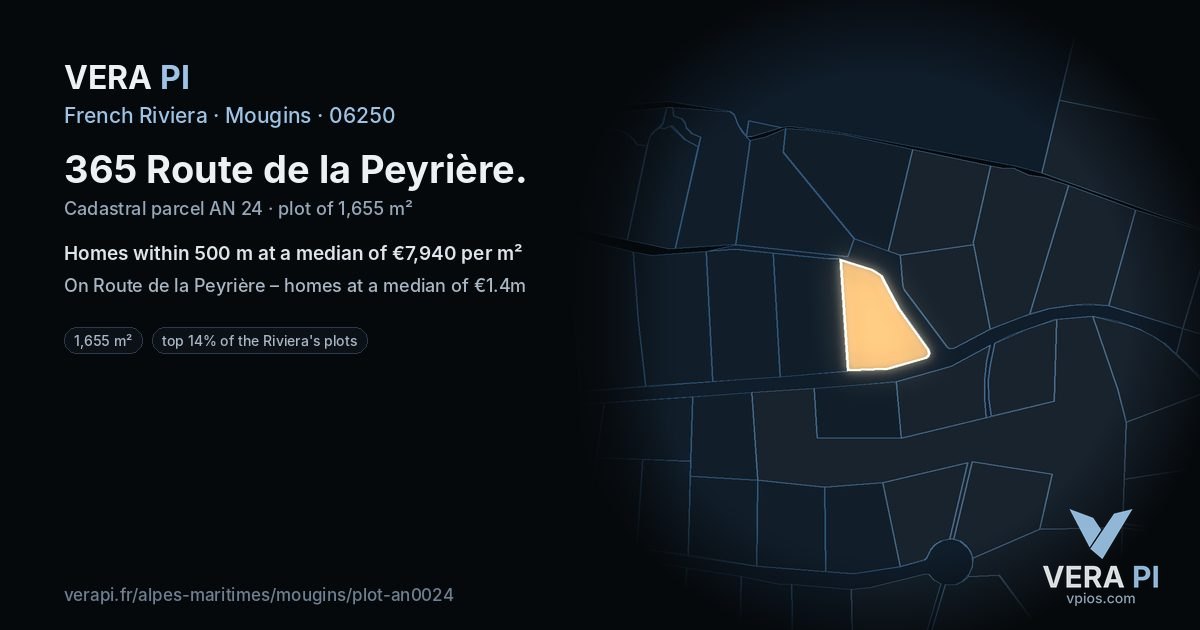 365 Route de la Peyrière, Mougins at night – the plot lit, the parcels around coloured by the prices near them