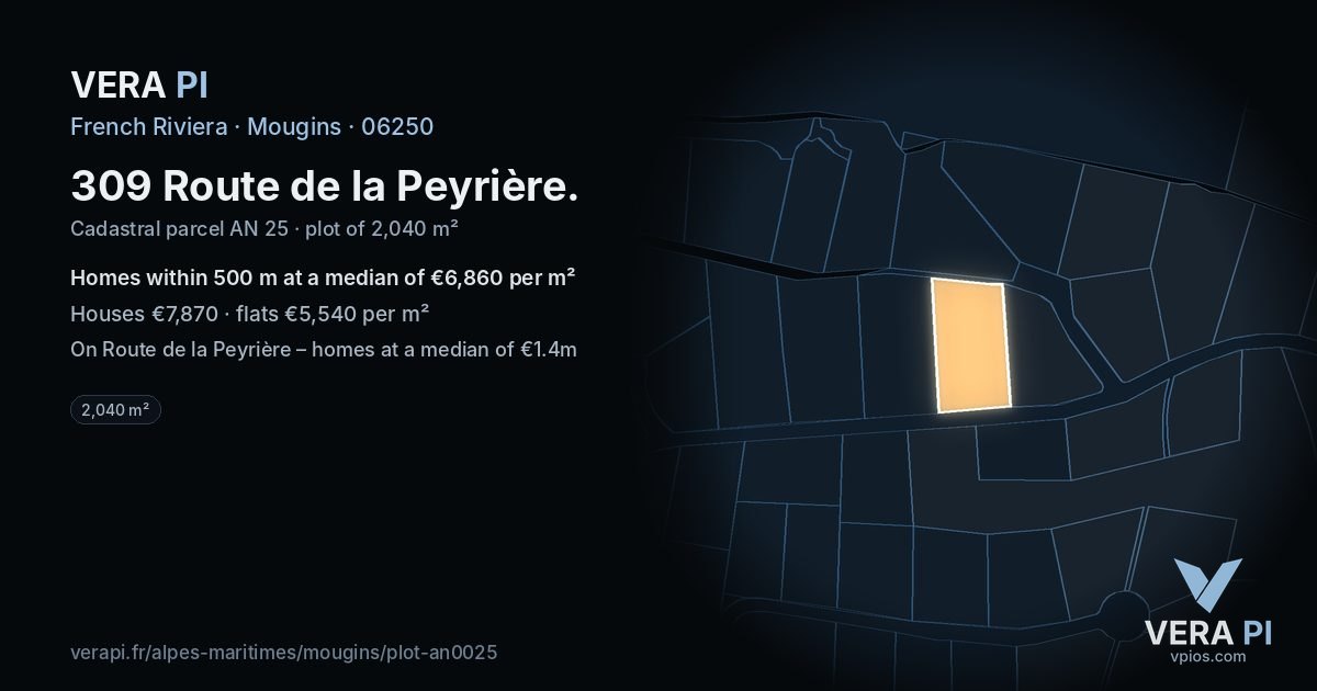309 Route de la Peyrière, Mougins at night – the plot lit, the parcels around coloured by the prices near them