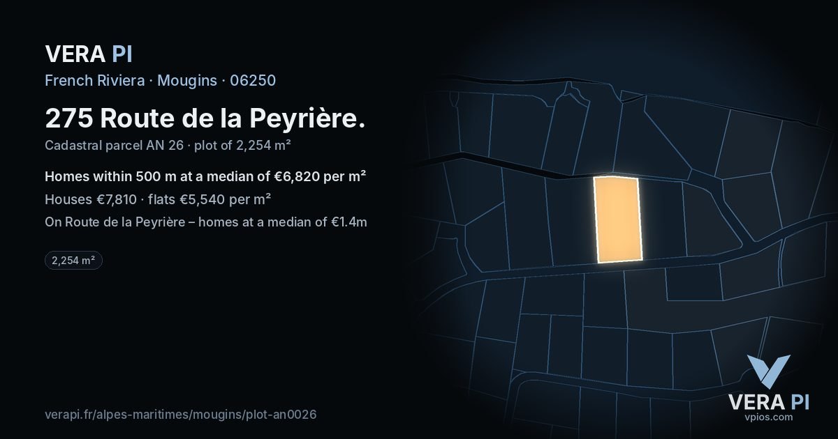 275 Route de la Peyrière, Mougins at night – the plot lit, the parcels around coloured by the prices near them