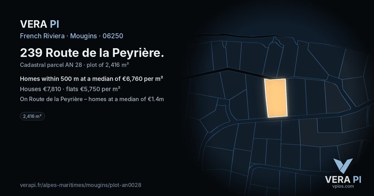239 Route de la Peyrière, Mougins at night – the plot lit, the parcels around coloured by the prices near them