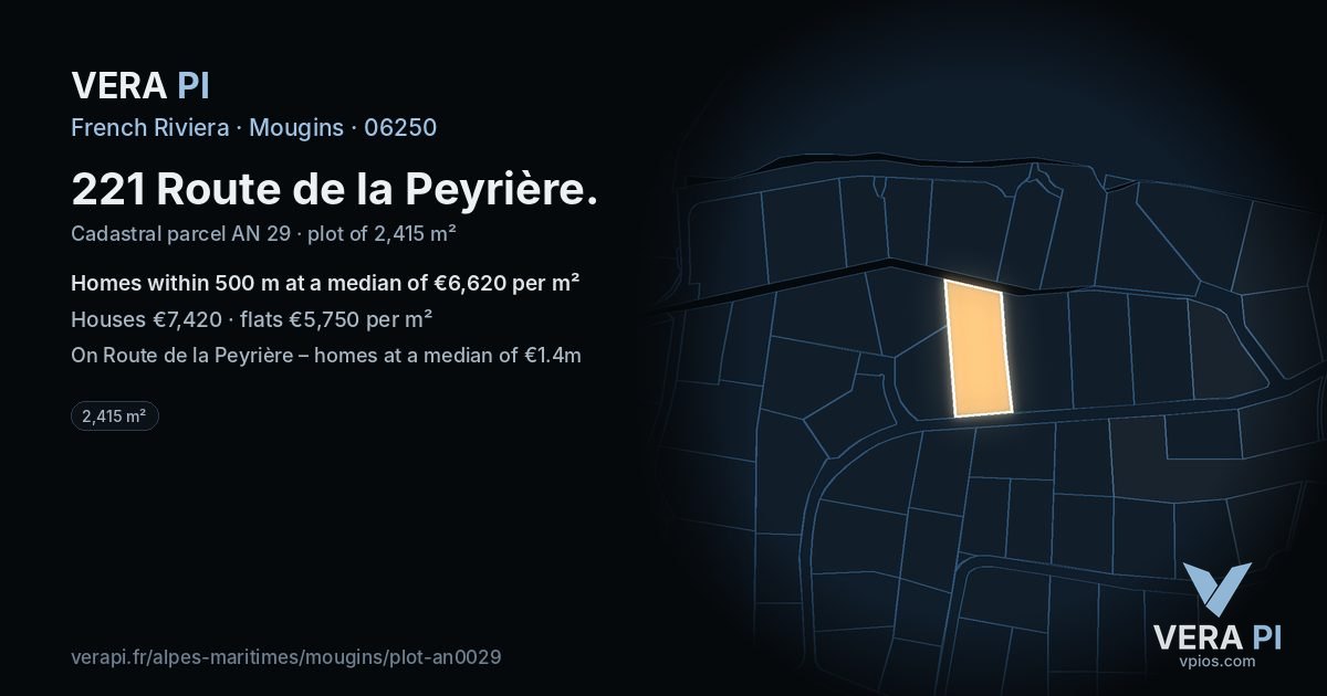 221 Route de la Peyrière, Mougins at night – the plot lit, the parcels around coloured by the prices near them