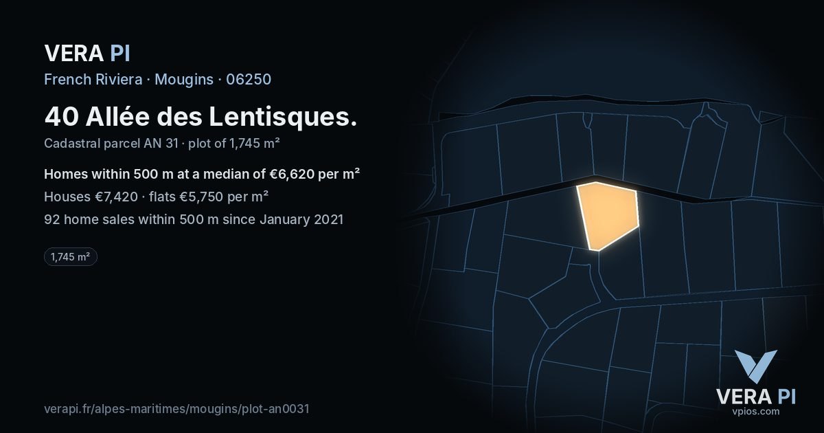 40 Allée des Lentisques, Mougins at night – the plot lit, the parcels around coloured by the prices near them