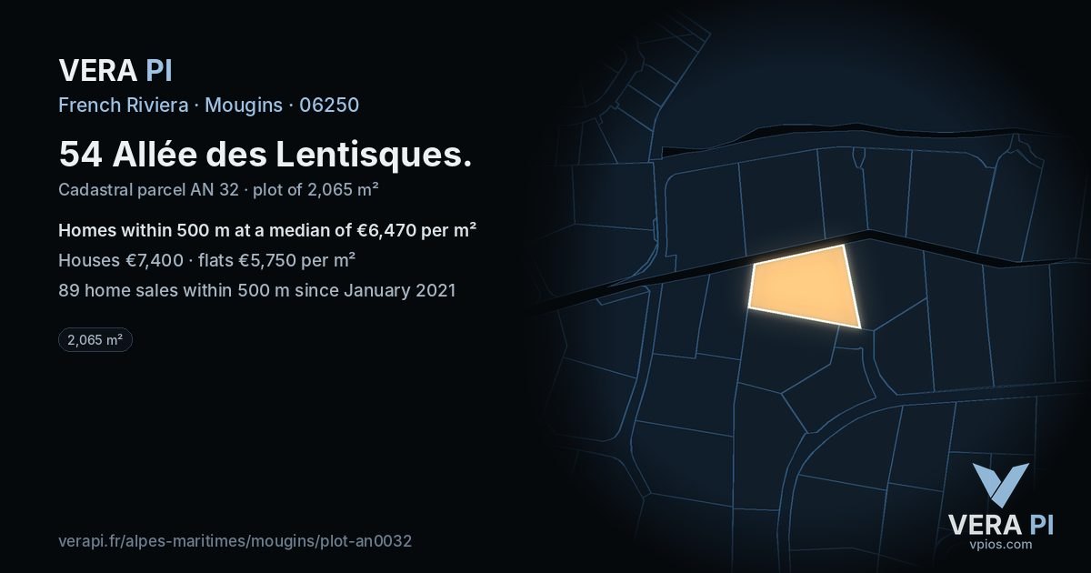 54 Allée des Lentisques, Mougins at night – the plot lit, the parcels around coloured by the prices near them