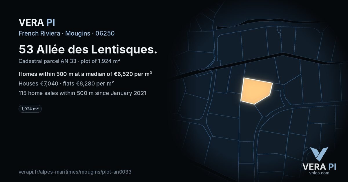 53 Allée des Lentisques, Mougins at night – the plot lit, the parcels around coloured by the prices near them