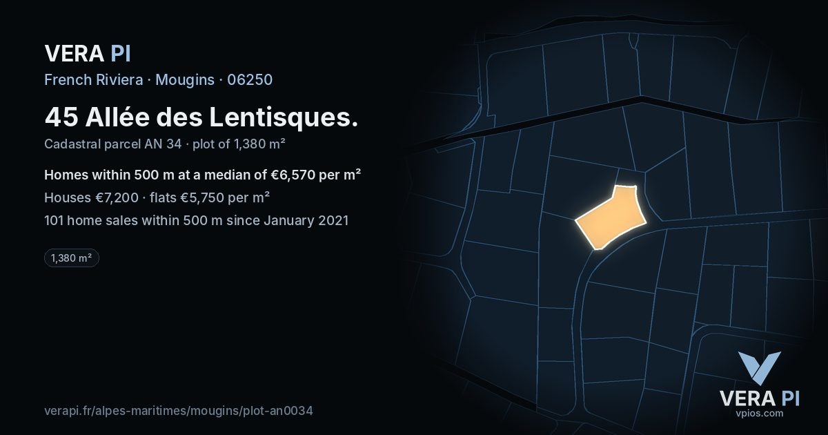 45 Allée des Lentisques, Mougins at night – the plot lit, the parcels around coloured by the prices near them