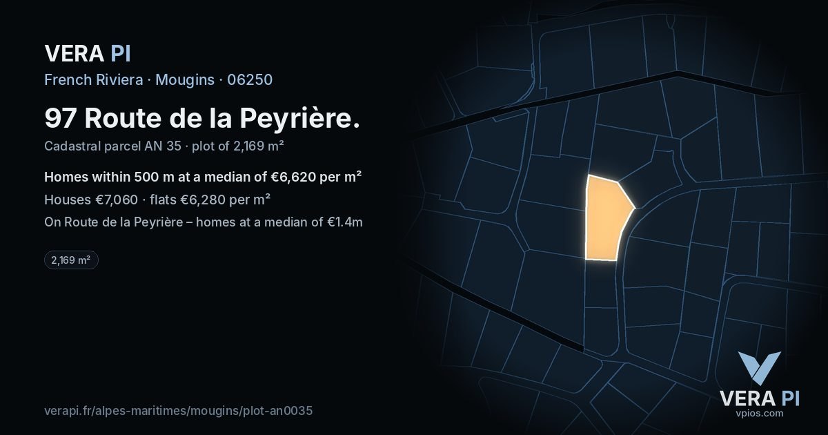 97 Route de la Peyrière, Mougins at night – the plot lit, the parcels around coloured by the prices near them