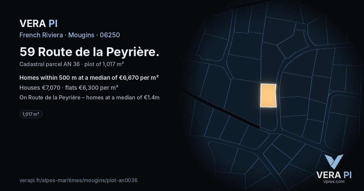 59 Route de la Peyrière, Mougins at night – the plot lit, the parcels around coloured by the prices near them