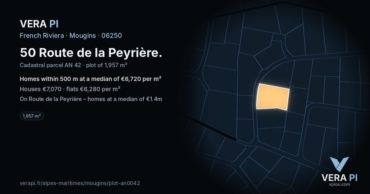 50 Route de la Peyrière, Mougins at night – the plot lit, the parcels around coloured by the prices near them
