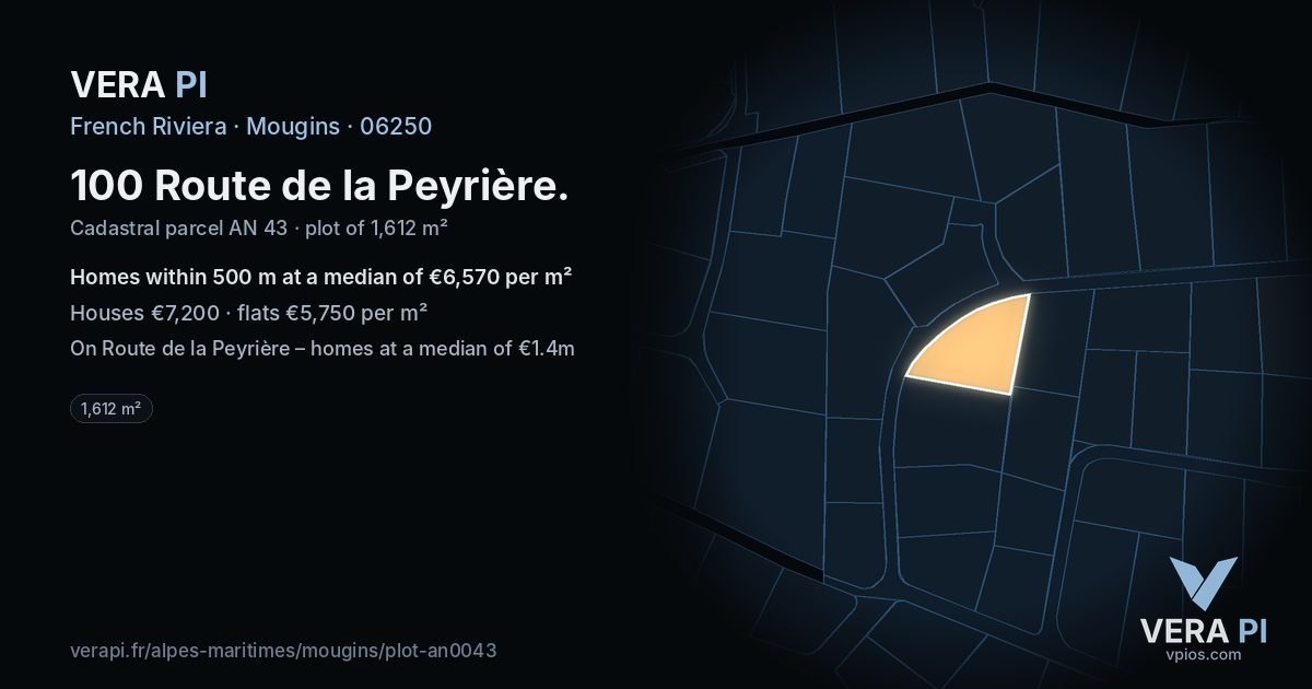 100 Route de la Peyrière, Mougins at night – the plot lit, the parcels around coloured by the prices near them