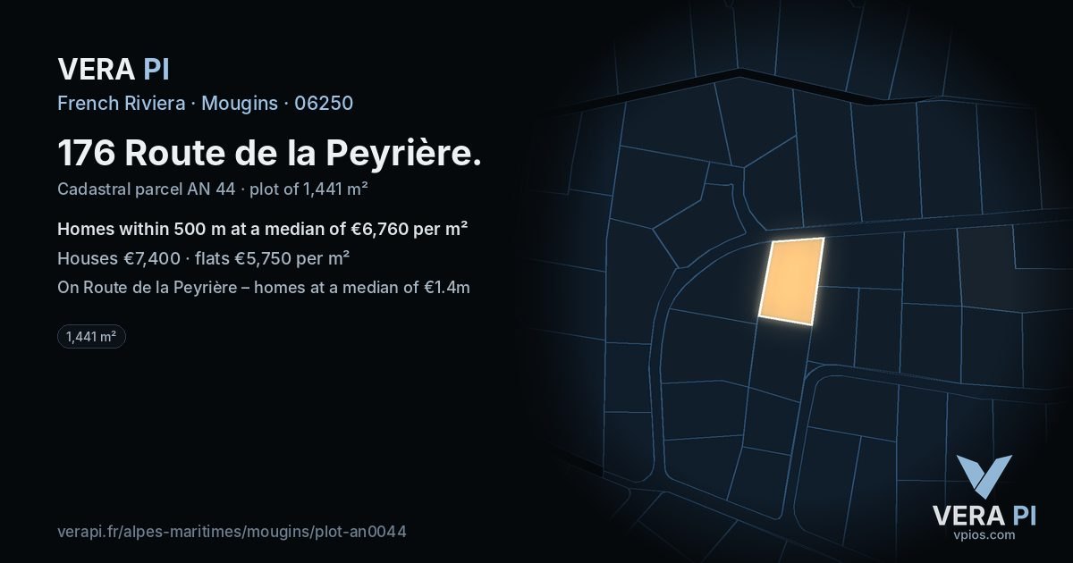 176 Route de la Peyrière, Mougins at night – the plot lit, the parcels around coloured by the prices near them