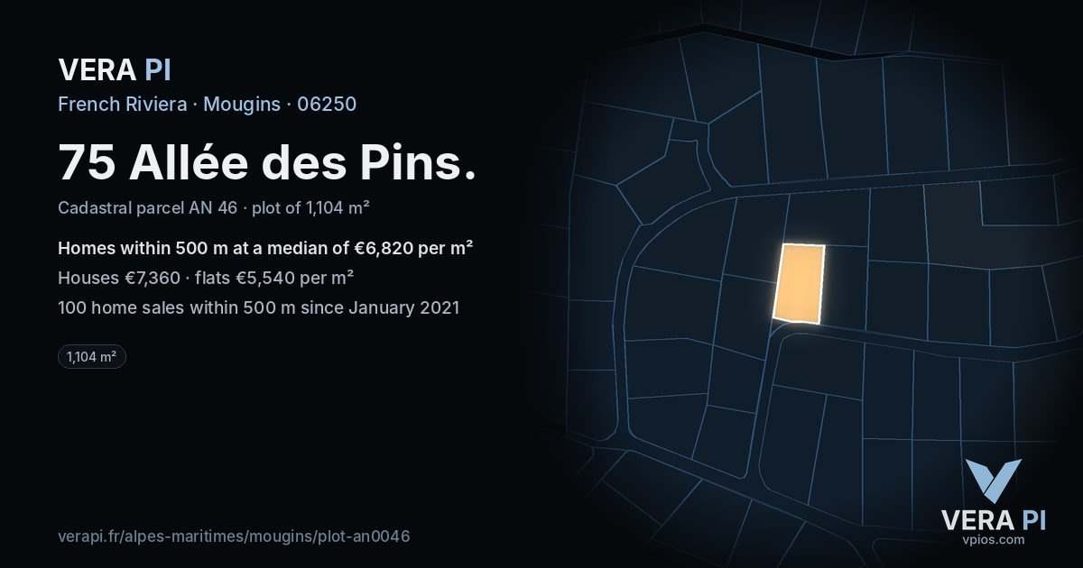 75 Allée des Pins, Mougins at night – the plot lit, the parcels around coloured by the prices near them
