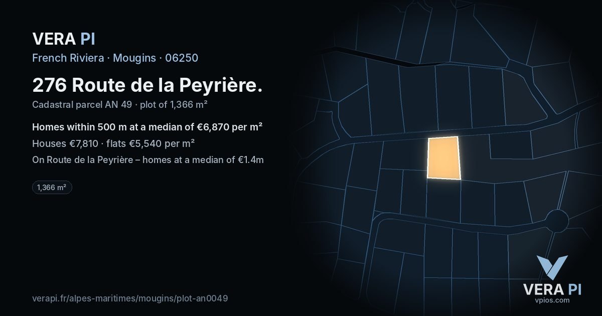 276 Route de la Peyrière, Mougins at night – the plot lit, the parcels around coloured by the prices near them