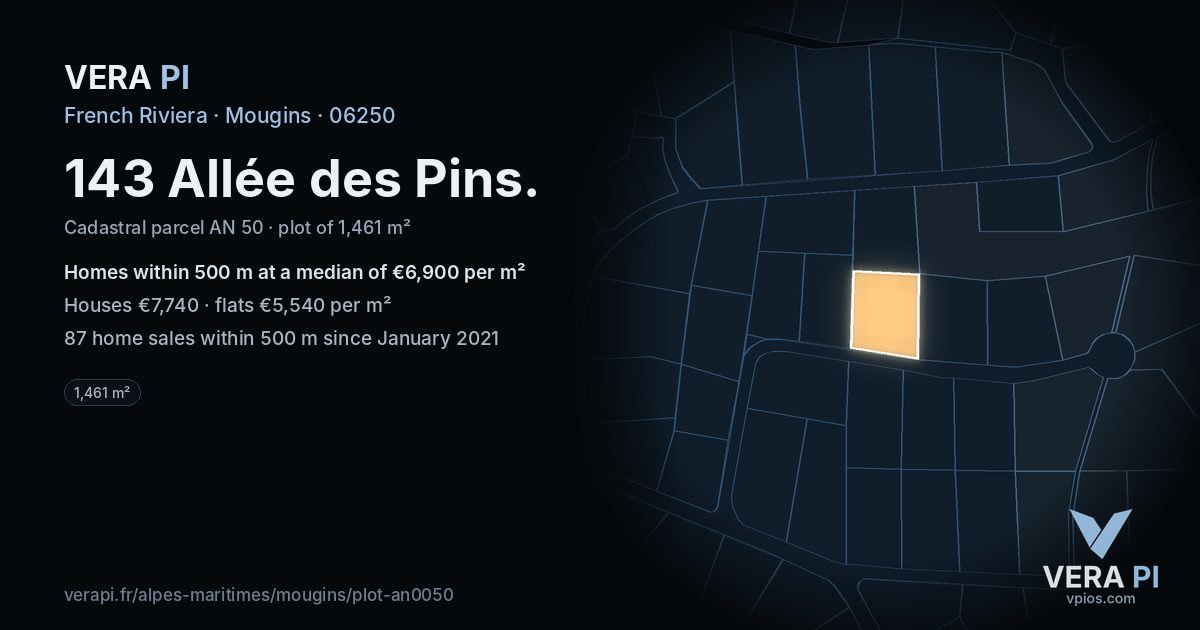 143 Allée des Pins, Mougins at night – the plot lit, the parcels around coloured by the prices near them